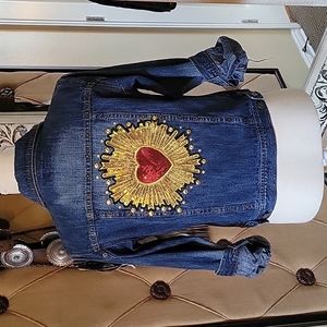 Embellished Denim Jacket with Flaming Hearts or Sacred Hearts